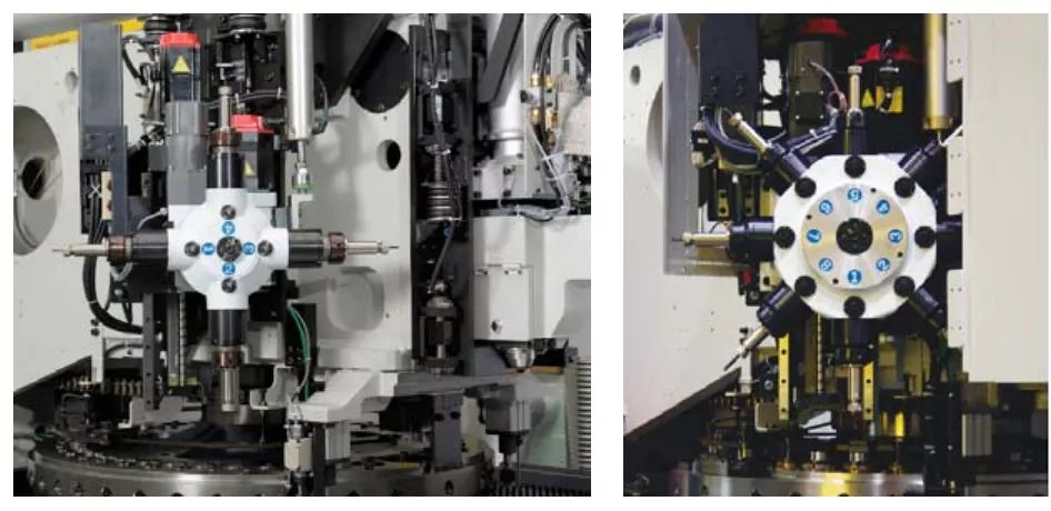 图2 纯伺服同步进给式4轴（左）和8轴（右）攻丝装置