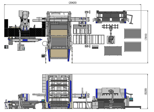 图3 数控冲床自动分拣·折弯机器人生产线空间示意图